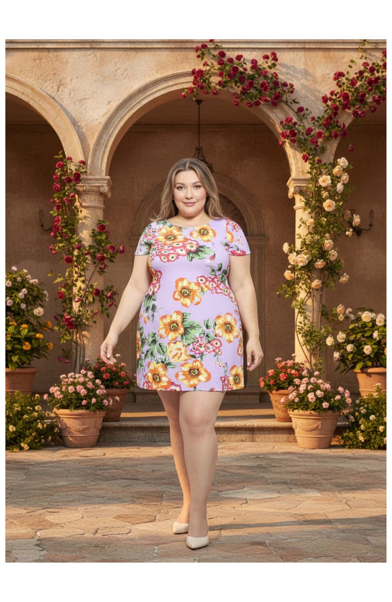 24seven Comfort Apparel Plus Size Floral Short Sleeve Round Neck Mini Shift Dress, Alternate, color, Lilac Multi