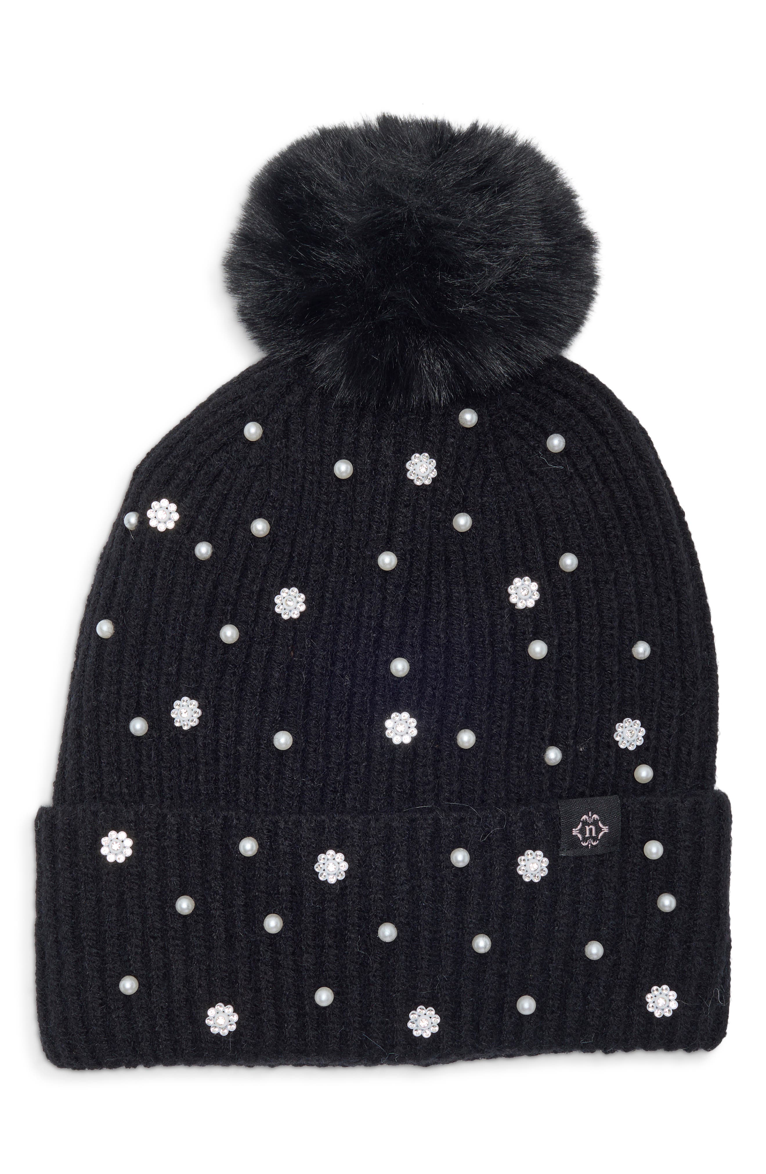 Faux Pearl and Crystal Embellished Beanie