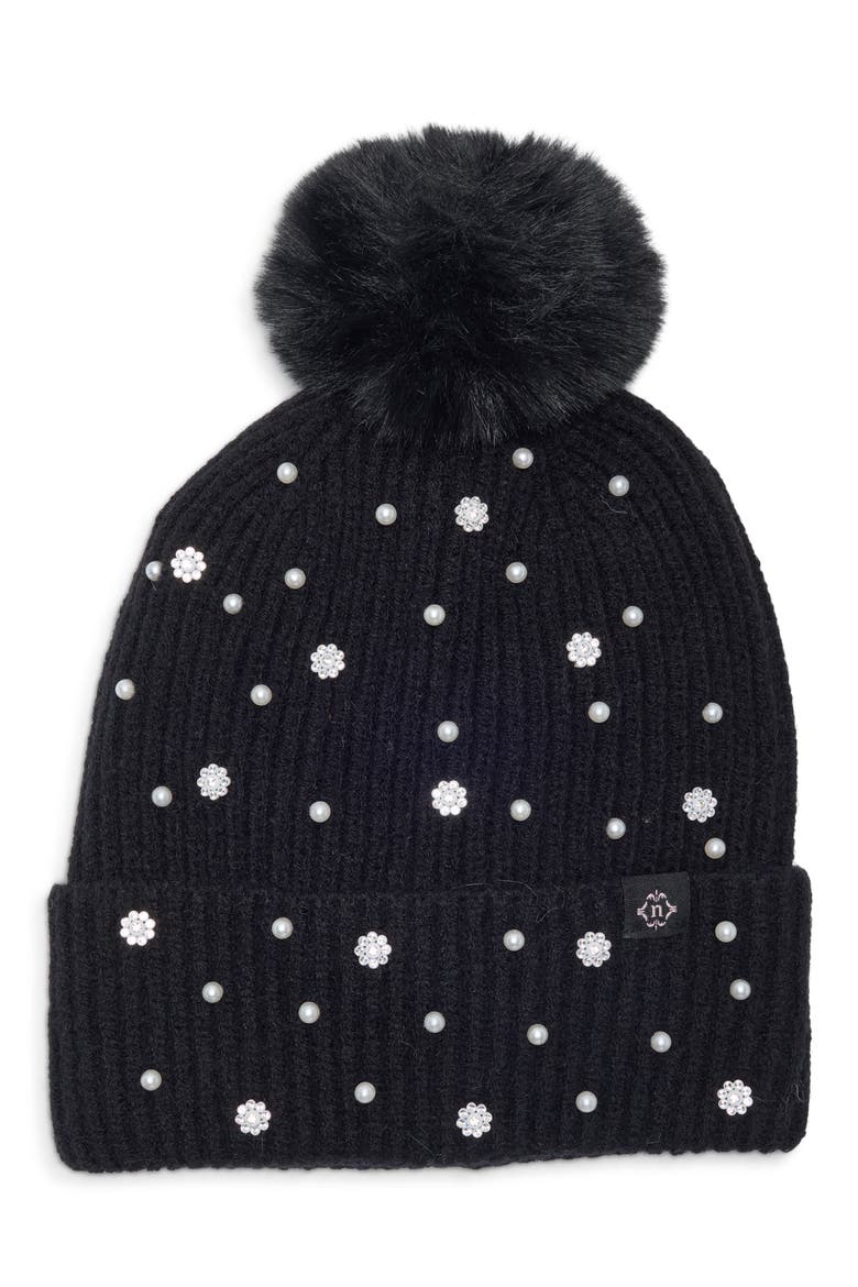 Faux Pearl and Crystal Embellished Beanie, Main, color, BLACK