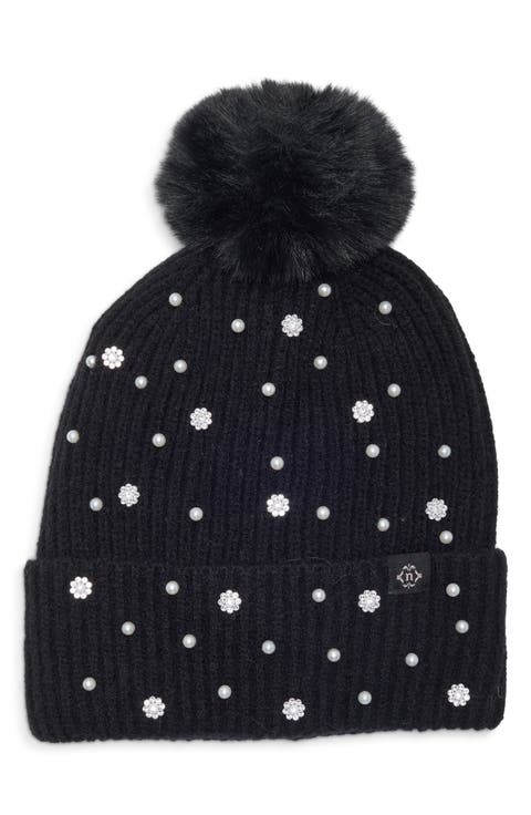 Faux Pearl and Crystal Embellished Beanie