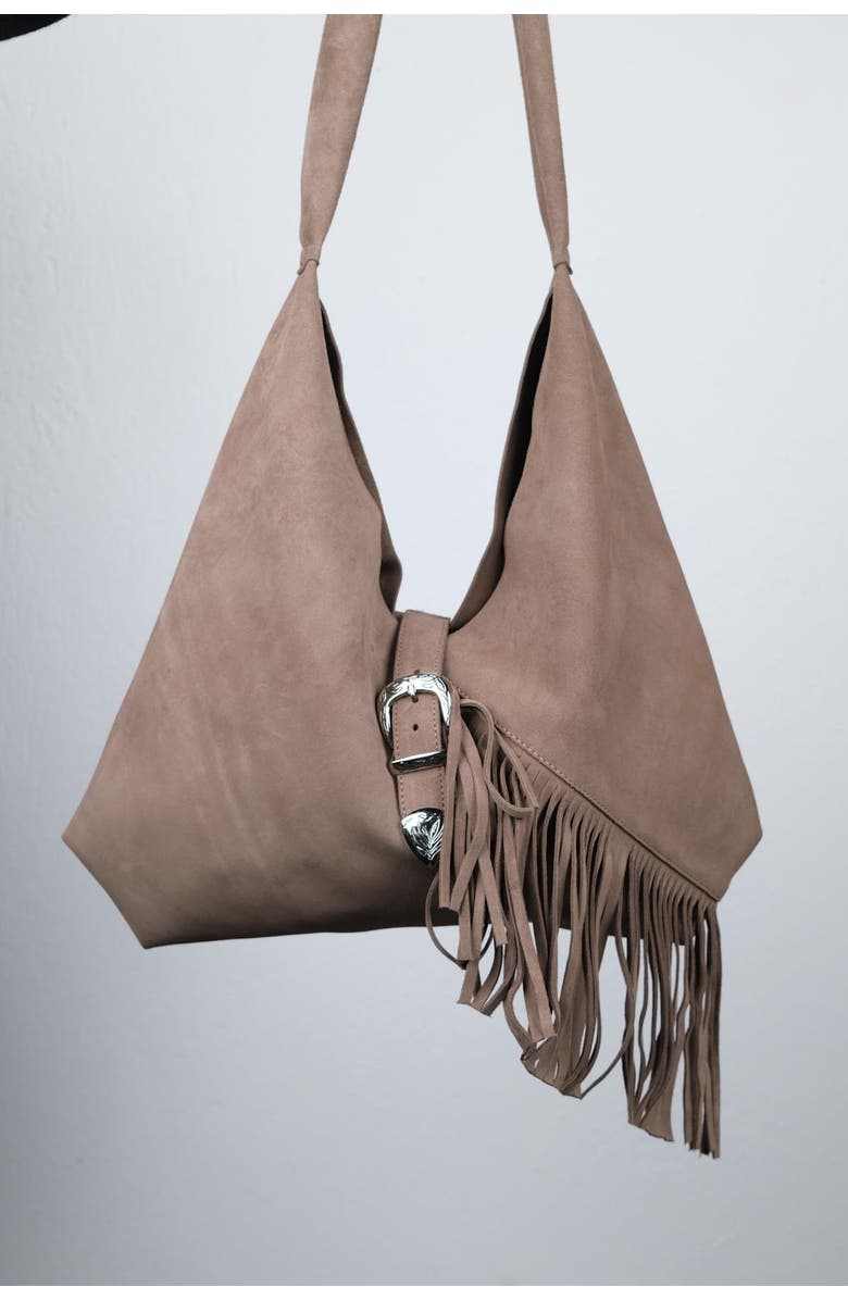Forever & Always Shoes Rosalin Leather Tassel Shoulder Bag, Main, color, Dark Beige Suede