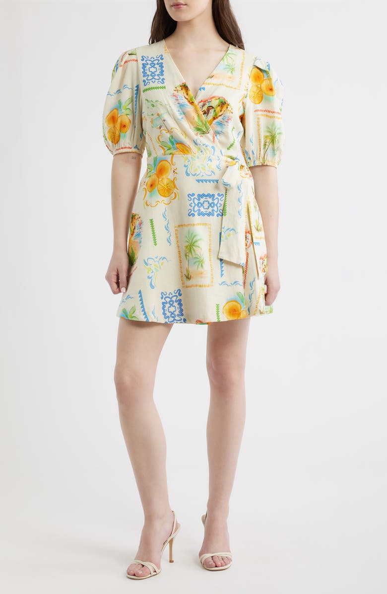 LAYERED WITH LOVE Caterina Postcard Print Linen & Cotton Wrap Minidress, Main, color, Postcard