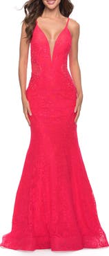 La Femme Long Mermaid Lace Dress with Back Rhinestone Detail
