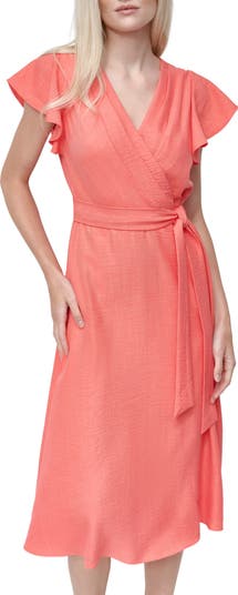 Flutter Sleeve Tie Waist Midi Dress