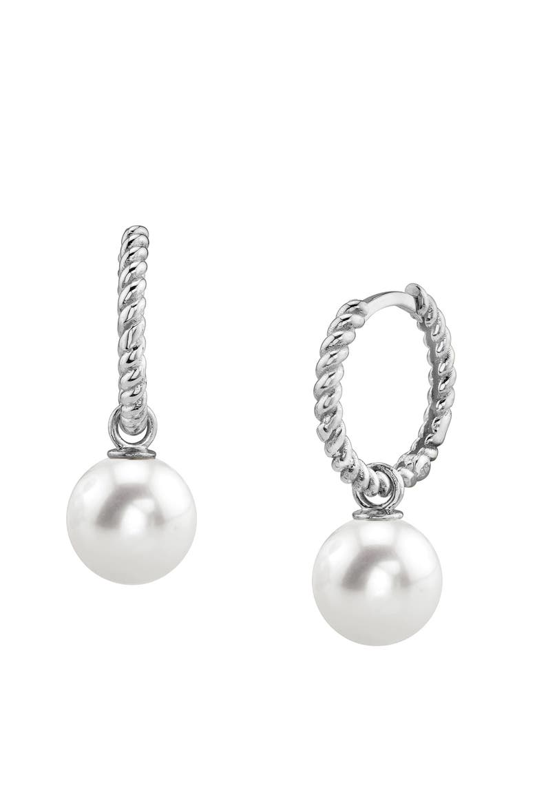 Freshwater Pearl Hoop Via Earrings, Main, color, White Gold