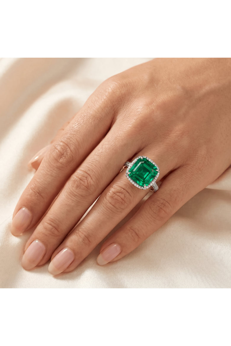 5.50Ct TW Emerald Asscher Cut & Pave Diamond Ring 14k Gold Lab Grown, Alternate, color, 14k White Gold