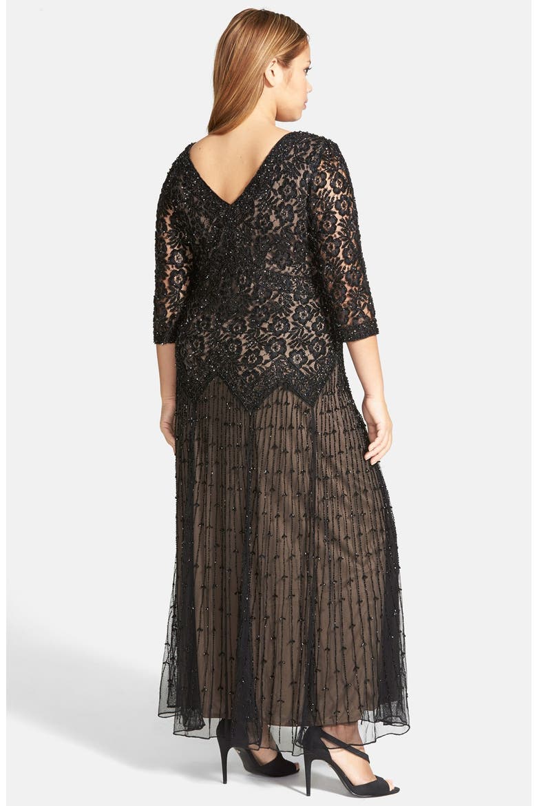 Beaded V-Neck Lace Illusion Gown, Alternate, color, BLACK
