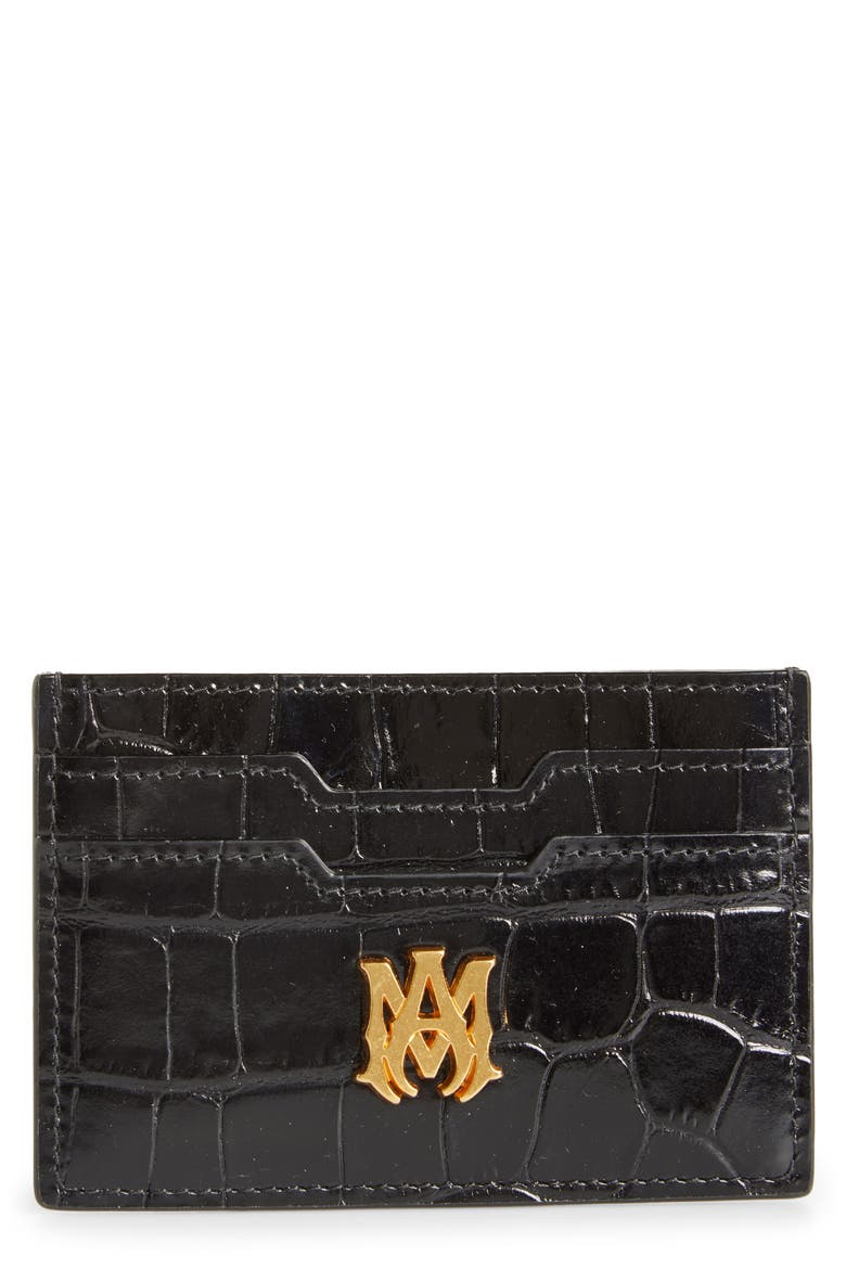 Croc Embossed Leather Card Holder, Main, color, BLACK