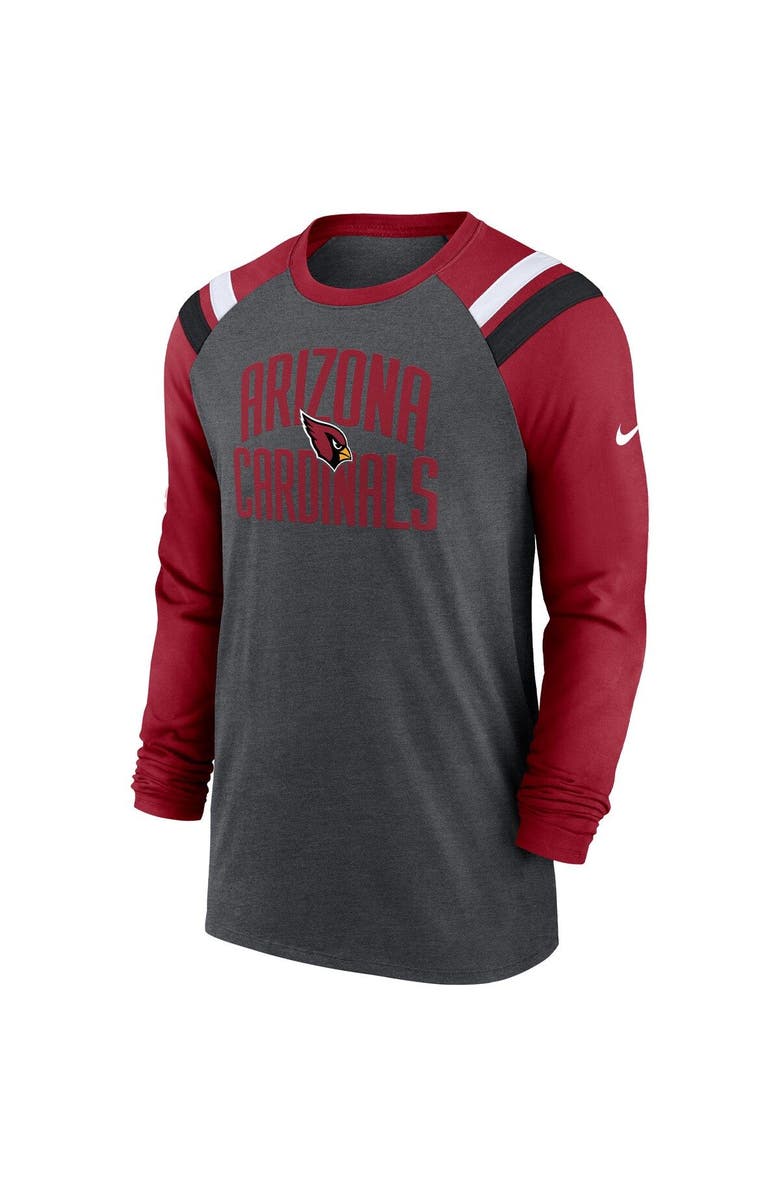 Nike Men's Nike Heathered Charcoal/Cardinal Arizona Cardinals Tri-Blend Raglan Athletic Long Sleeve Fashion T-Shirt, Alternate, color, Heather Charcoal
