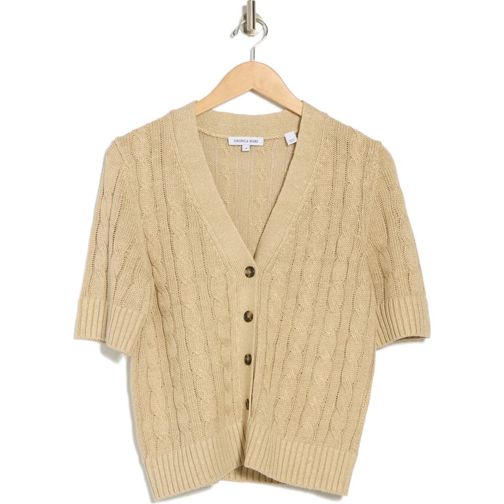 Veronica Beard Julietta Short Sleeve Linen & Silk Blend Cardigan In Stone Khaki