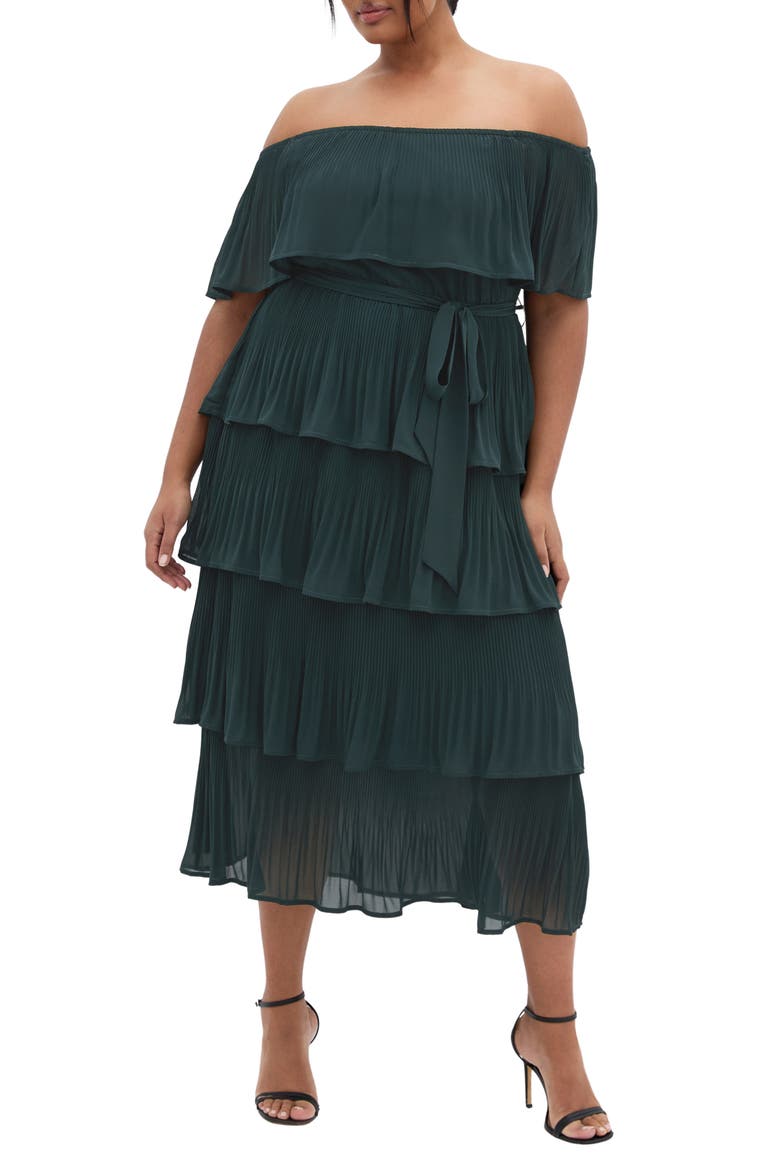 Night Garden Off the Shoulder Tiered Dress, Main, color, GREEN TEAL