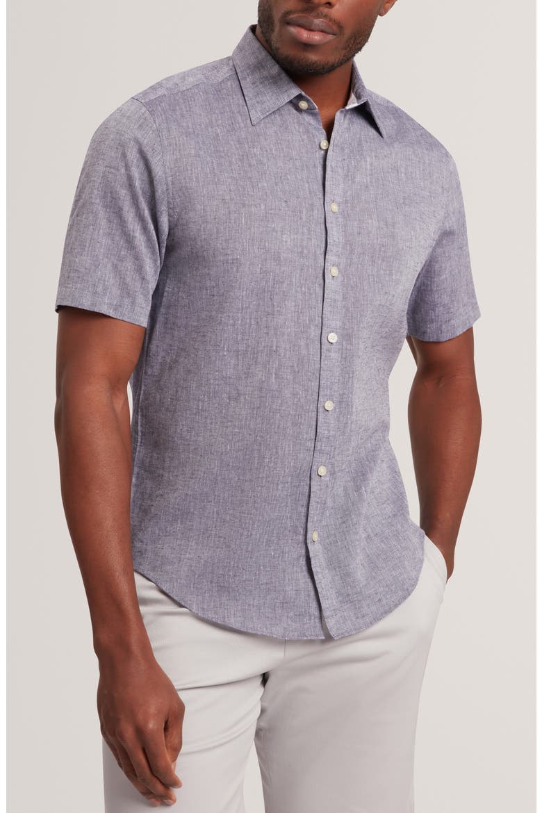 Wryte Regular Fit Short Sleeve Slub Linen & Cotton Button-Up Shirt, Main, color, NAVY