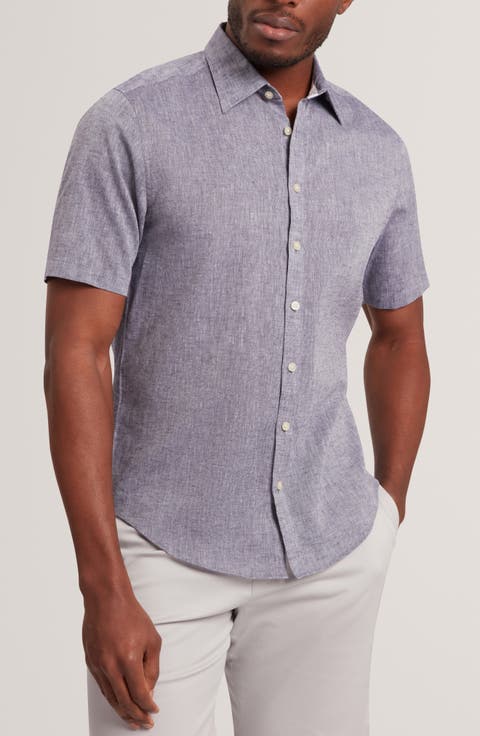 Wryte Regular Fit Short Sleeve Slub Linen & Cotton Button-Up Shirt