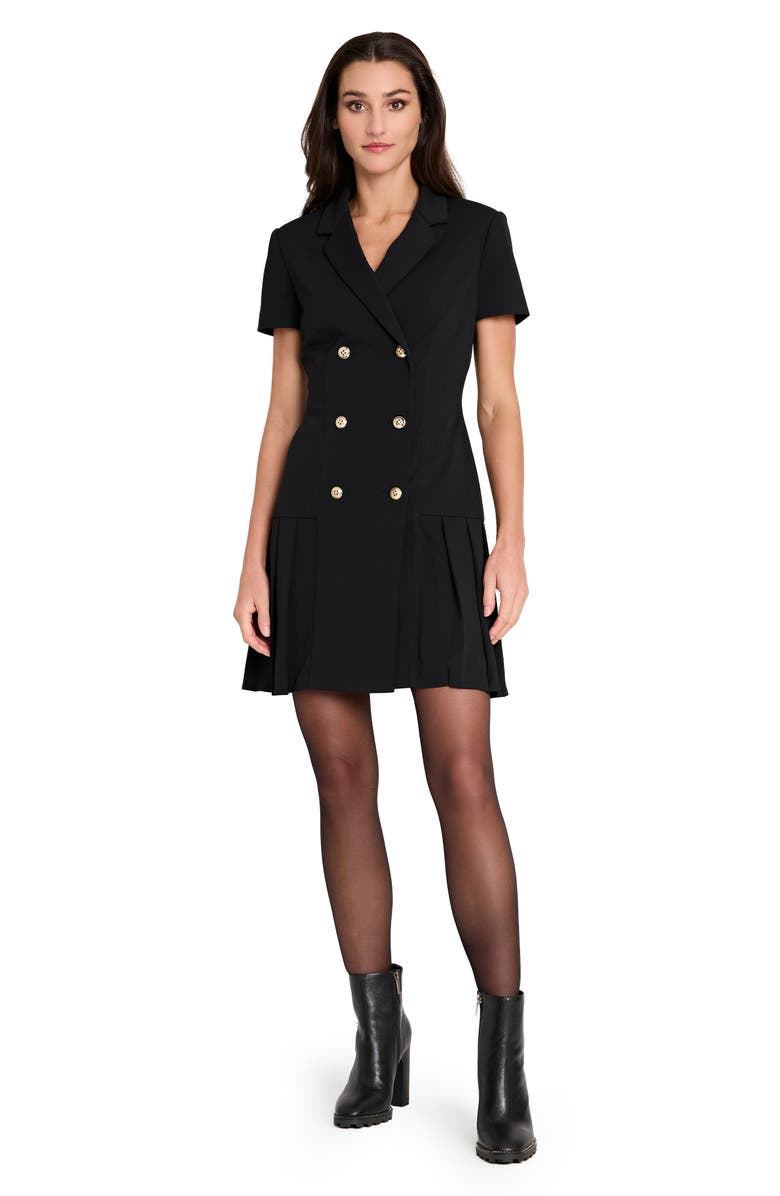 Tahari ASL Double Breasted Pleat Hem Coat Dress, Alternate, color, Black