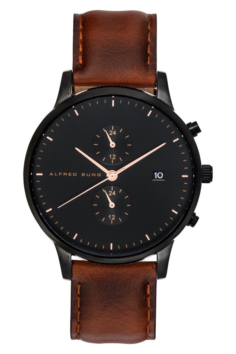 Dual Time Quartz Leather Strap Watch, 42mm, Main, color, BROWN STRAP BLACK DIAL