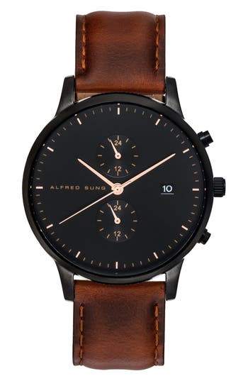 Alfred Sung Dual Time Quartz Leather Strap Watch, 42mm In Brown Strap Black Dial