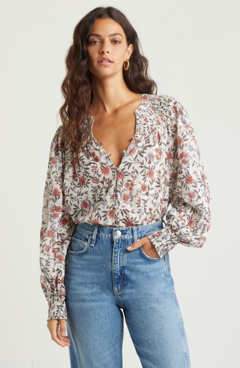 Print Smocked Yoke Button-Up Shirt