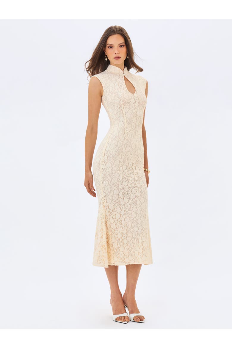 Garcelle Brushed Lace Keyhole Mermaid Midi Dress, Alternate, color, Cream