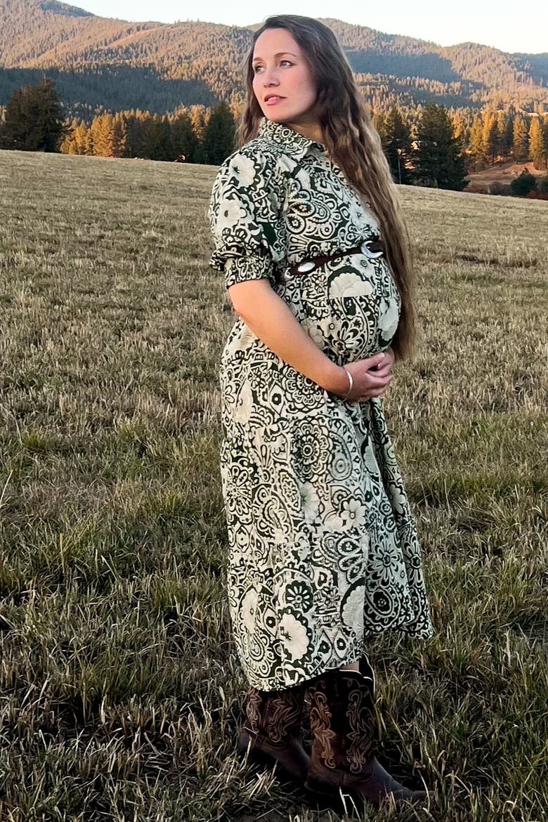 Floral Collared Tiered Midi Dress, Alternate, color, Olive Green