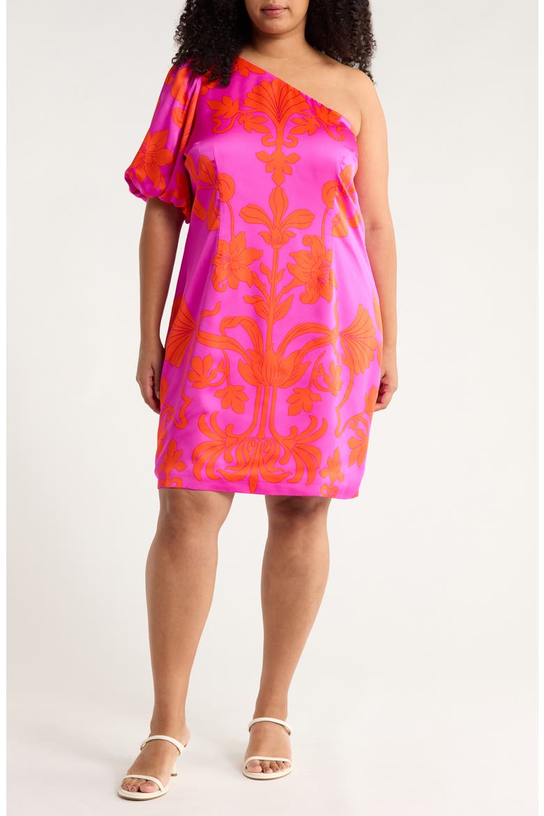 Vallie Floral One-Shoulder Satin Shift Dress, Main, color, MAGENTA-MULTI