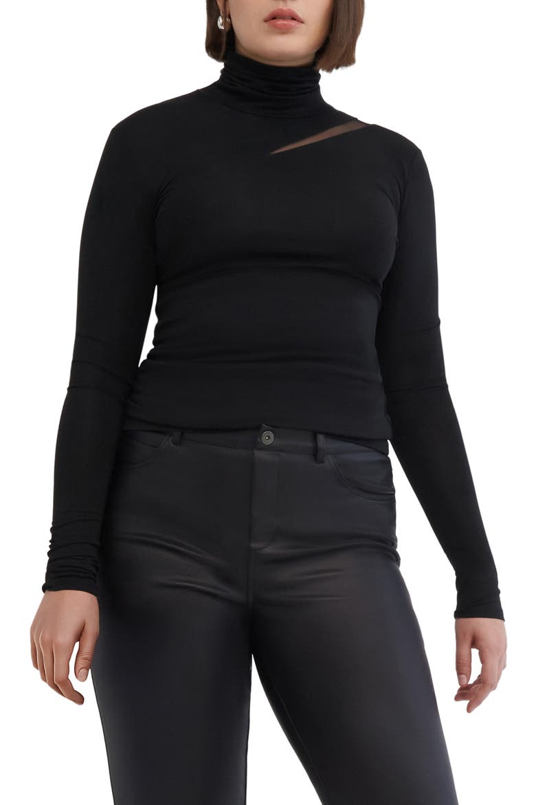 Vee Mesh Cutout Turtleneck Top, Main, color, BLACK