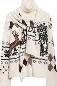 MONSE Tie Scarf Overlay Fair Isle Extrafine Merino Wool Turtleneck Sweater