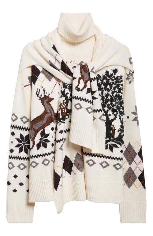 Monse Tie Scarf Overlay Fair Isle Extrafine Merino Wool Turtleneck Sweater In White