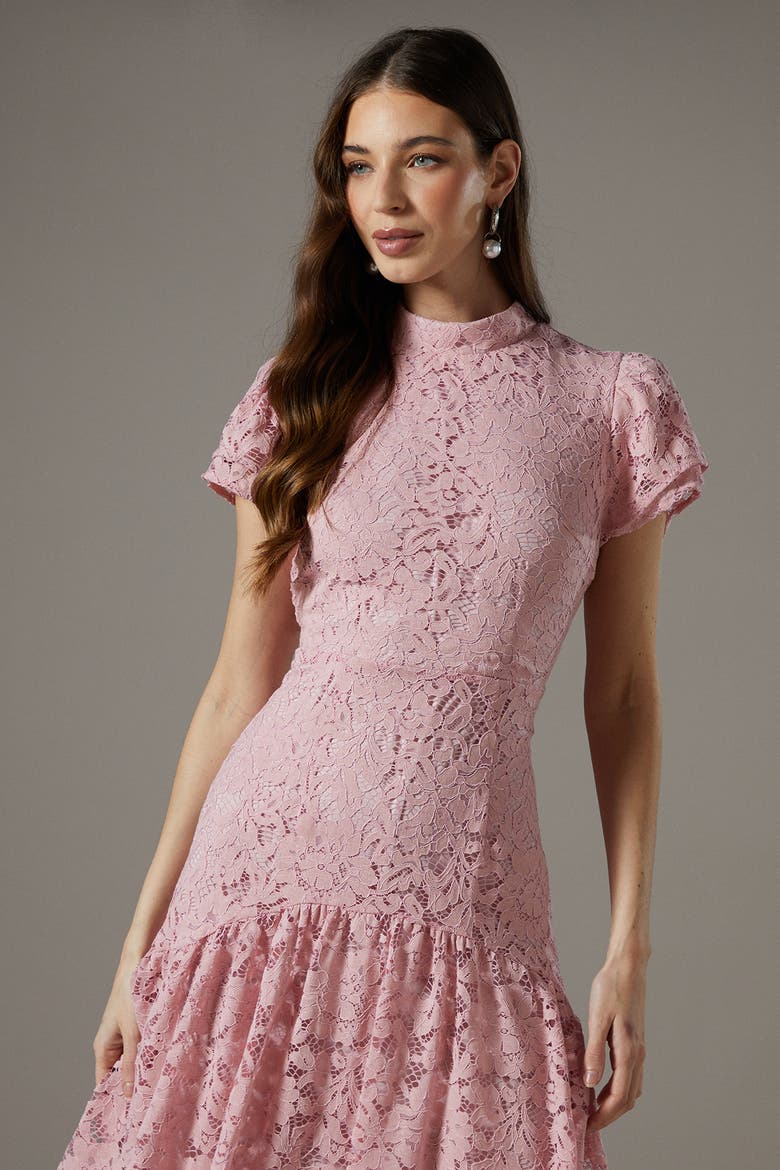 Lace Frill Sleeve High Neck Midi Dress, Alternate, color, Blush