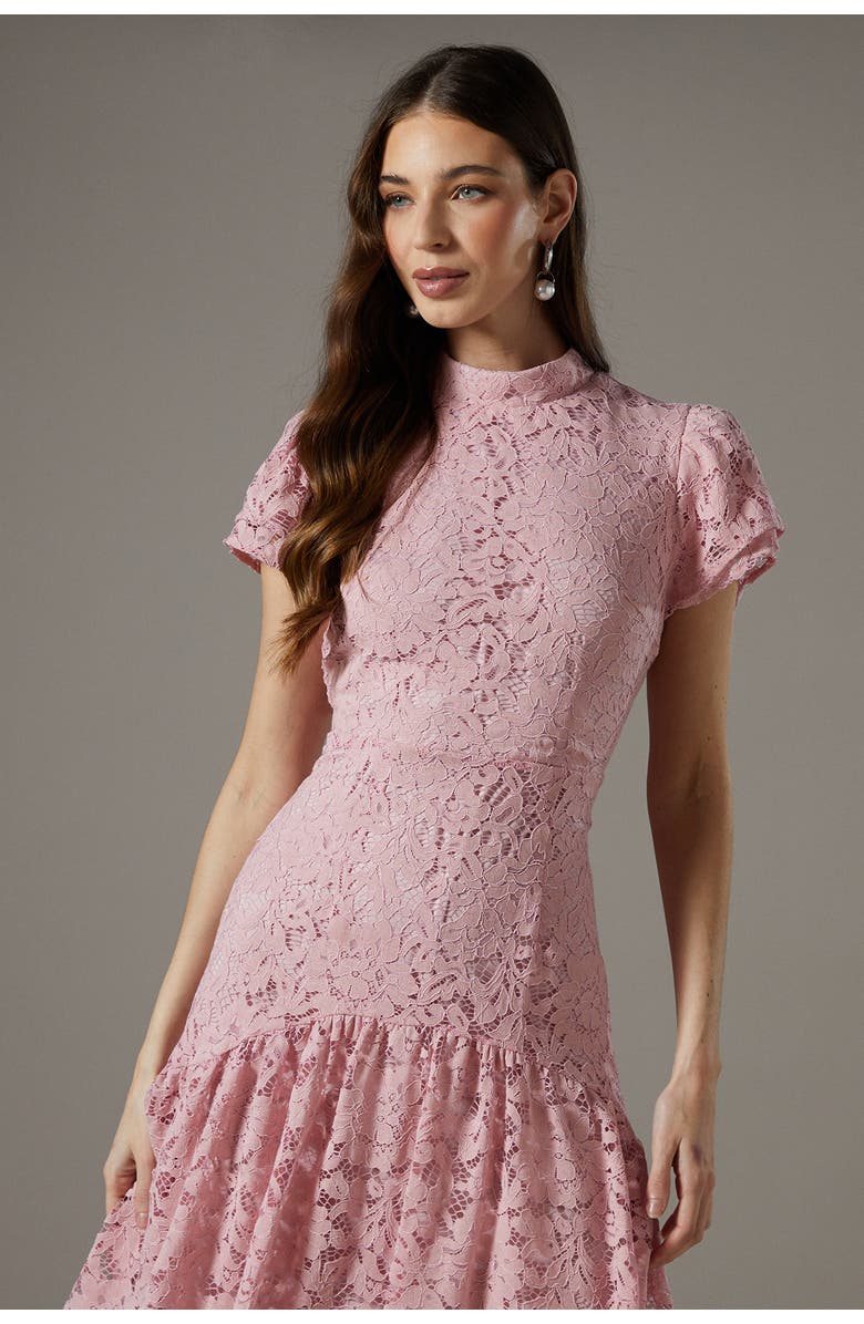 Coast Lace Frill Sleeve High Neck Midi Dress, Alternate, color, Blush