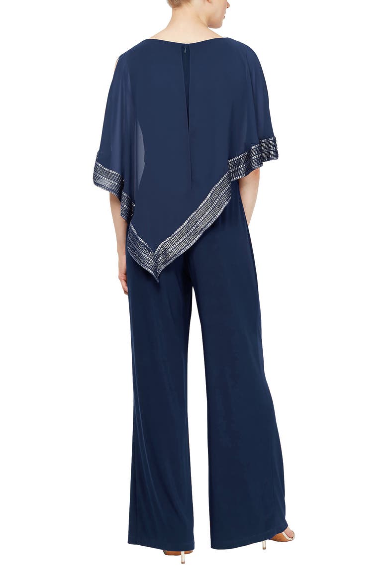 Asymmetrical Foil Trim Cape Jumpsuit, Alternate, color, NAVY/ SILVER
