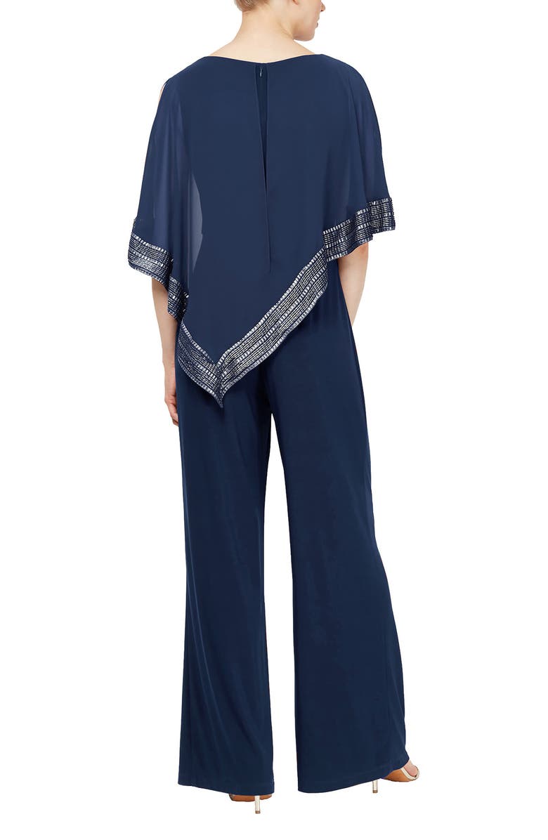 SL FASHIONS Asymmetrical Foil Trim Cape Jumpsuit, Alternate, color, Navy/ Silver