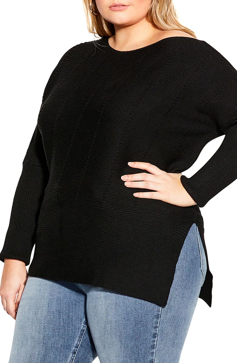 City Chic Lean In One-Shoulder Rib Sweater, Main, color, Black