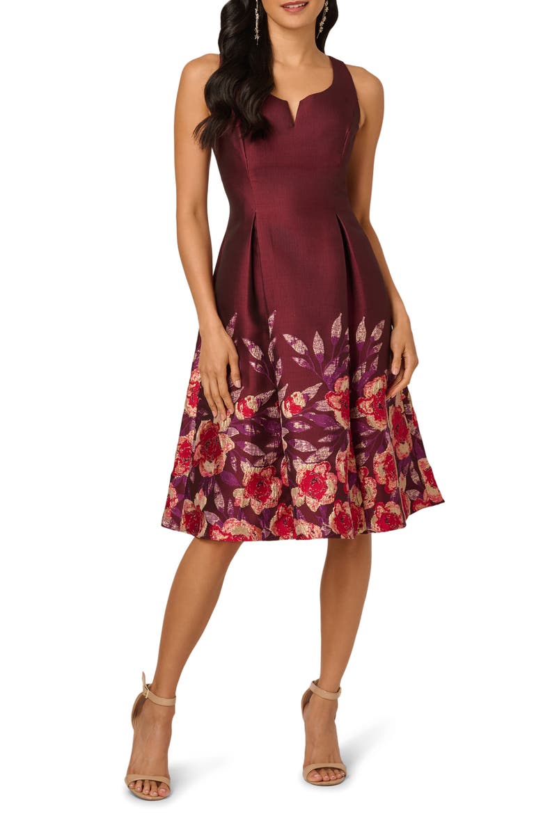 Pleated Jacquard Cocktail Dress, Main, color, PLUM MULTI