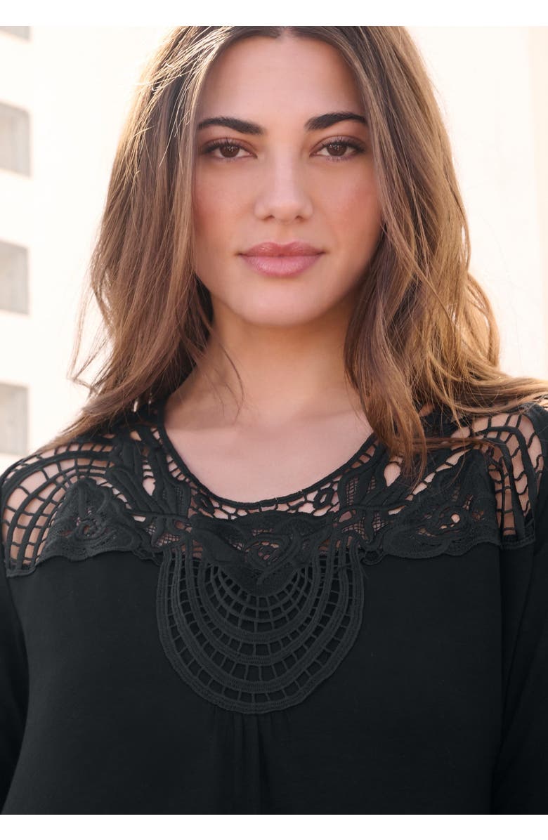 Roaman's Plus Size Crochet Embellished Swing Ultra Femme Tee, Alternate, color, Black