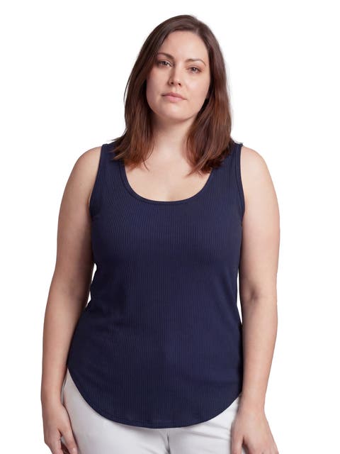 Curvy Basic Ribbed Knit Sleeveless Scoop Neck Long Flared Tank Top