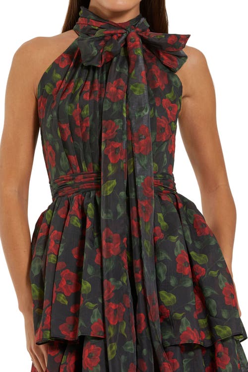 Mac Duggal Black Floral Chiffon Tiered Midi Dress With Neck Bow In Brown