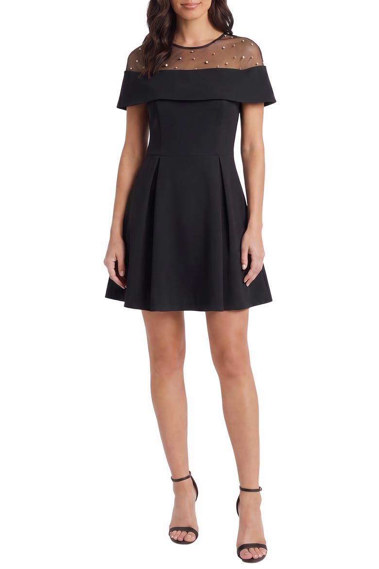 Pearled Yoke Short Sleeve Minidress, Main, color, BLACK