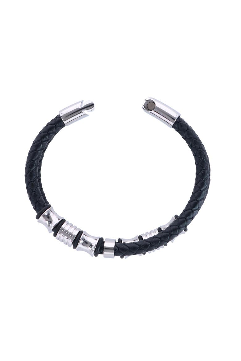 Loose Fit Silver and Leather 2 Band Secure Clasp Leather Bracelet, Alternate, color, Black And Silver
