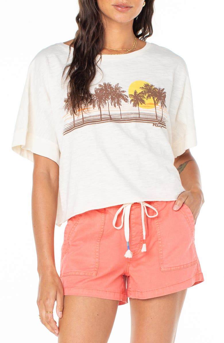 Roxy Palm Stripe Oversize Crop Graphic T-Shirt, Main, color, Egret