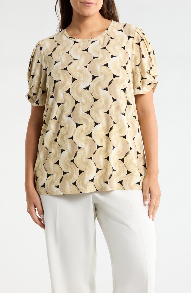 AK ANNE KLEIN Print Pleat Short Sleeve Top, Main, color, Latte Multi