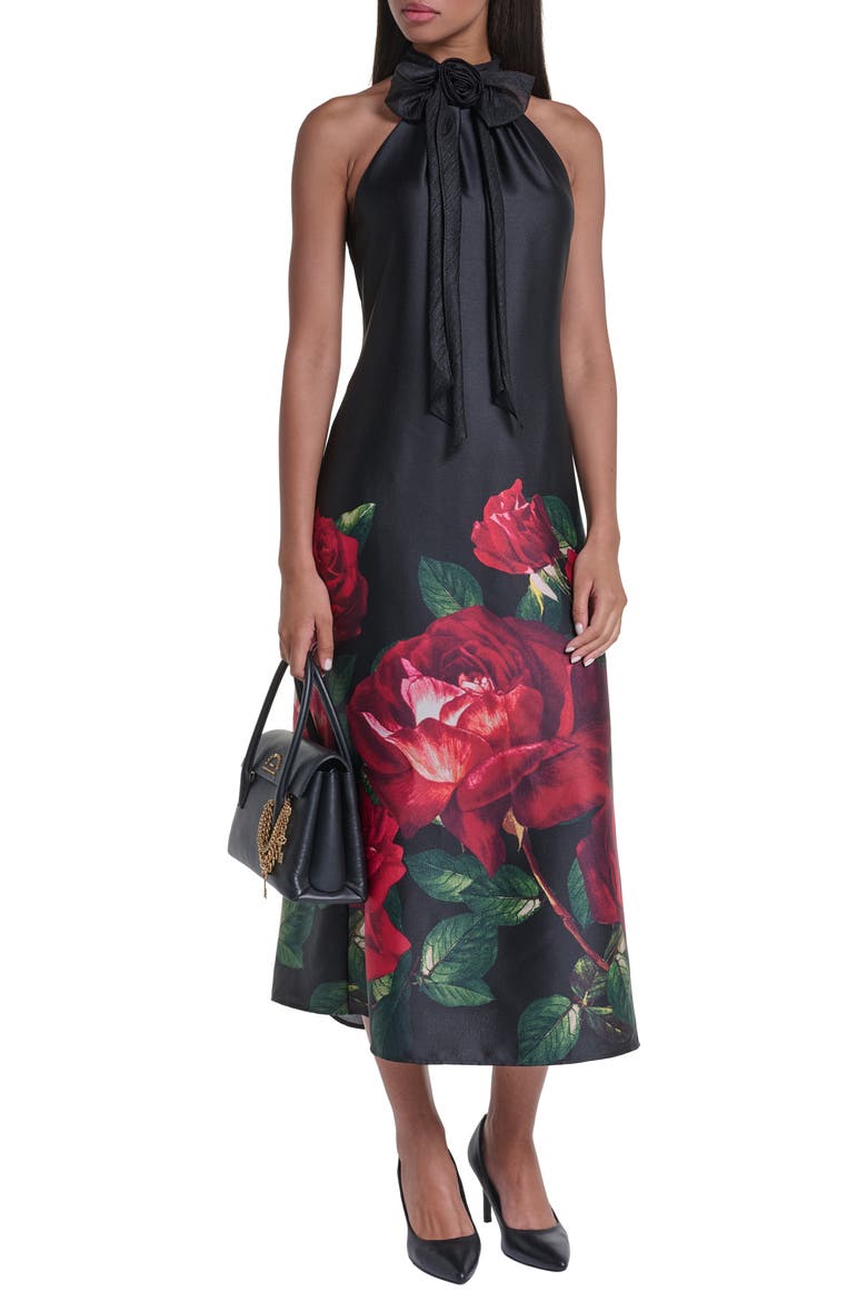 Floral Print Charmeuse Halter Cocktail Dress, Alternate, color, BLACK MULTI
