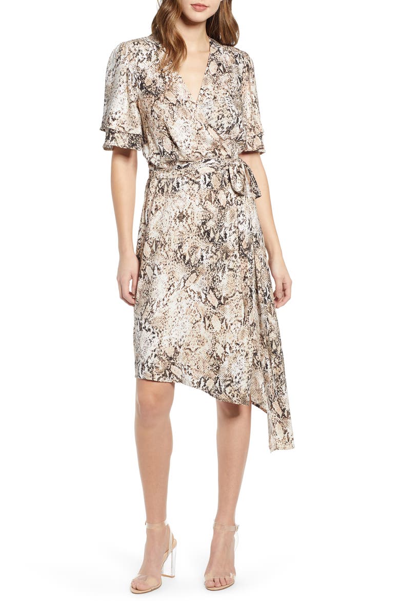 Ruffle Sleeve Wrap Dress, Main, color, IVORY SNAKE PRINT