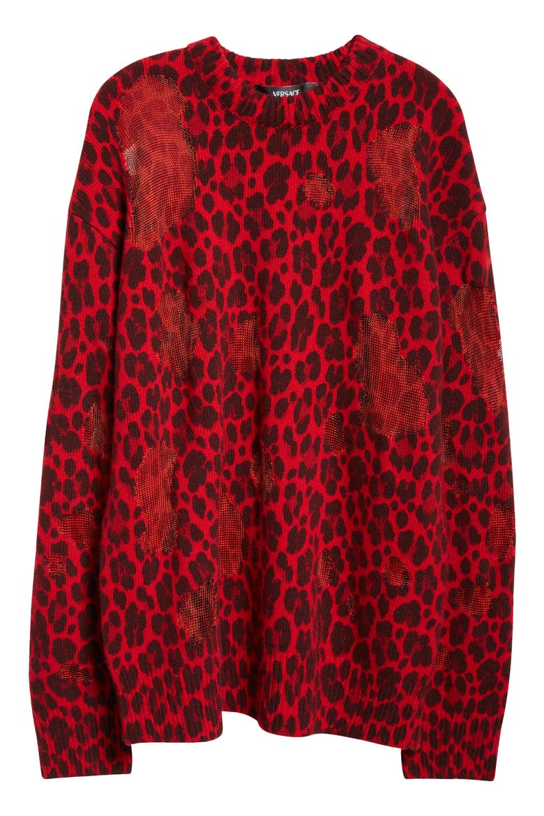 Leopard Jacquard Distressed Virgin Wool Blend Sweater, Alternate, color, LIPSTICK RED