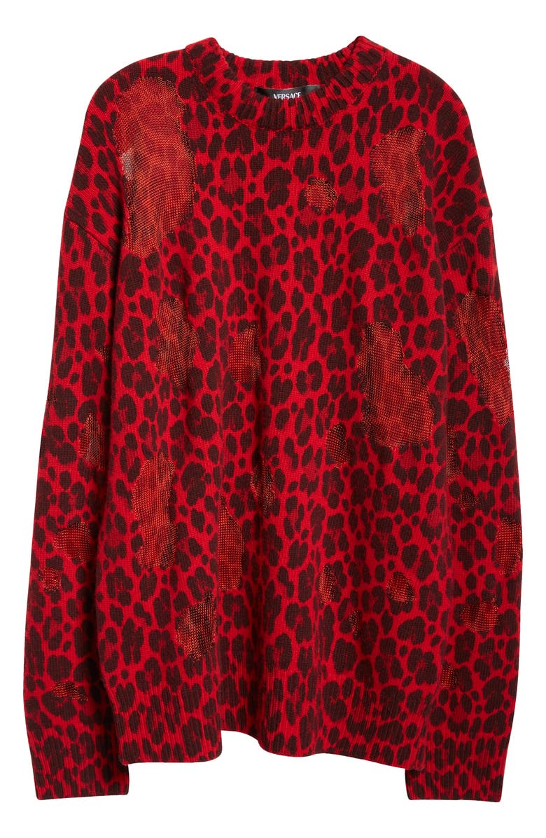 Versace Leopard Jacquard Distressed Virgin Wool Blend Sweater, Alternate, color,