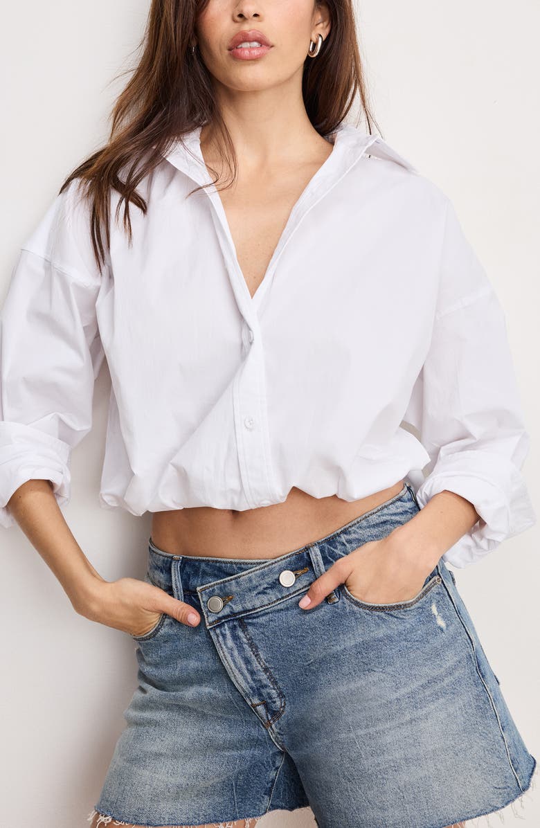 Good American Bubble Hem Crop Poplin Button-Up Shirt, Main, color, White001