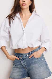 Good American Bubble Hem Crop Poplin Button-Up Shirt