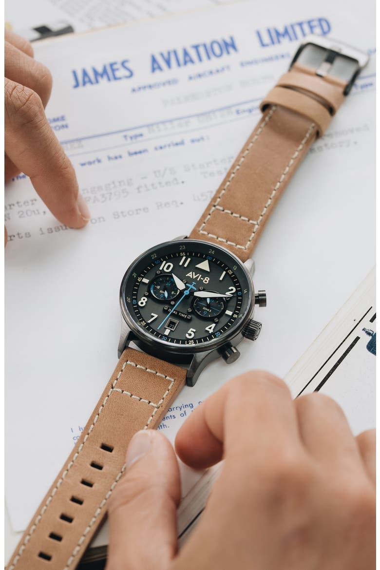 Hawker Hurricane Carey Chronograph Leather Strap Watch, 44mm, Alternate, color, GREY