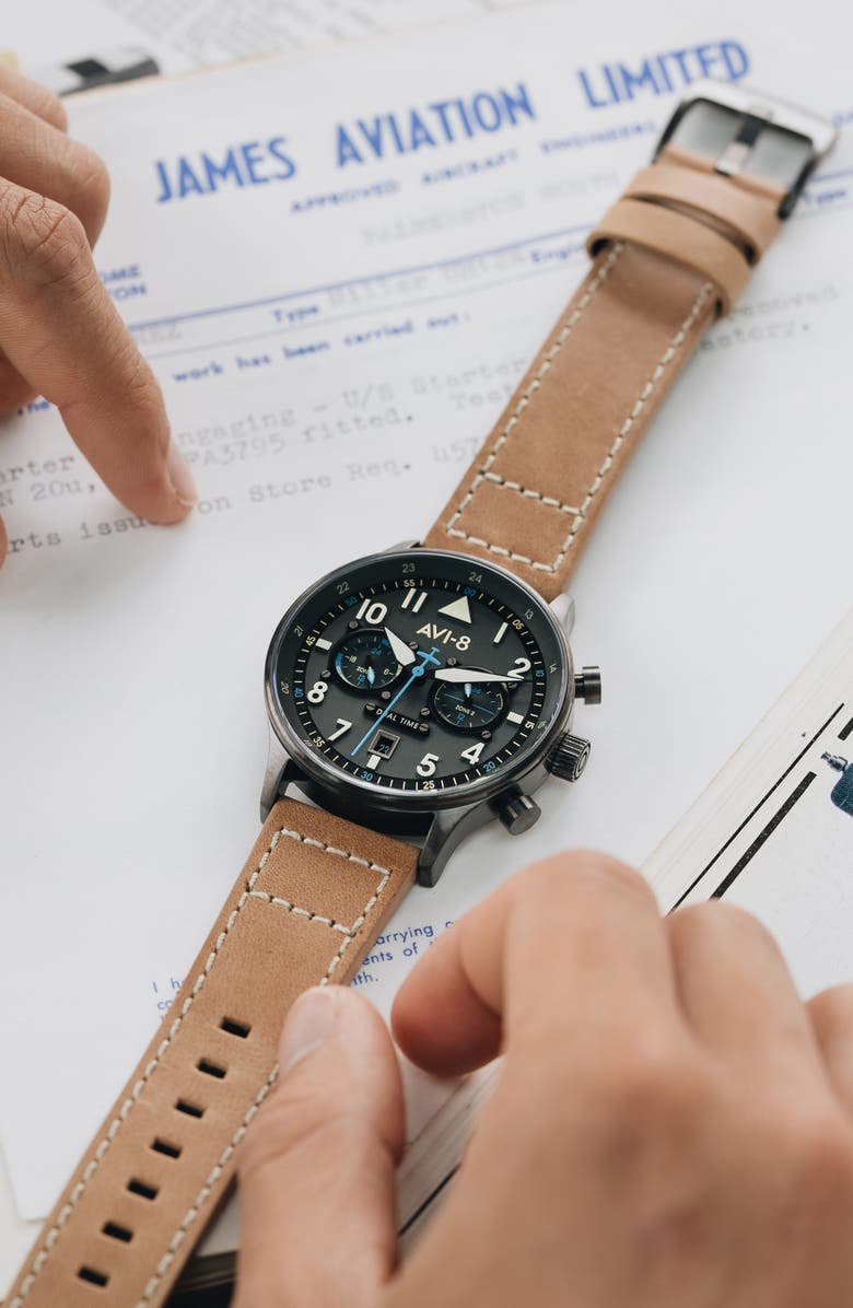 AVI-8 Hawker Hurricane Carey Chronograph Leather Strap Watch, 44mm, Alternate, color, Grey