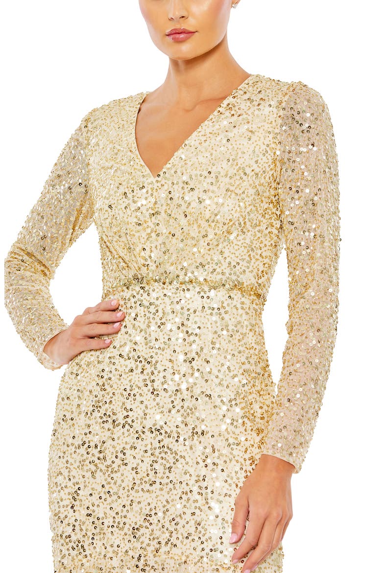 Faux Wrap Long Sleeve Tea Length Dress, Alternate, color, GOLD MULTI