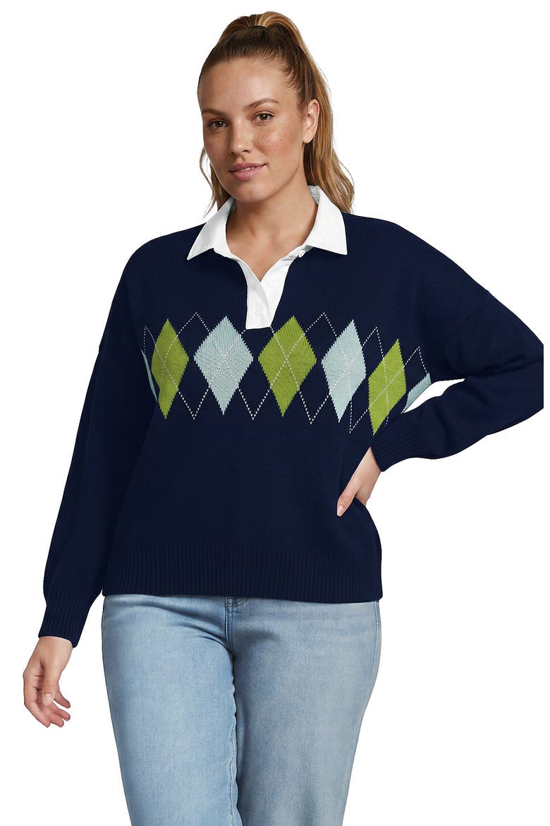 Plus Size Drifter Jacquard Rugby with Woven Collar Sweater, Main, color, Deep Sea Navy Argyle
